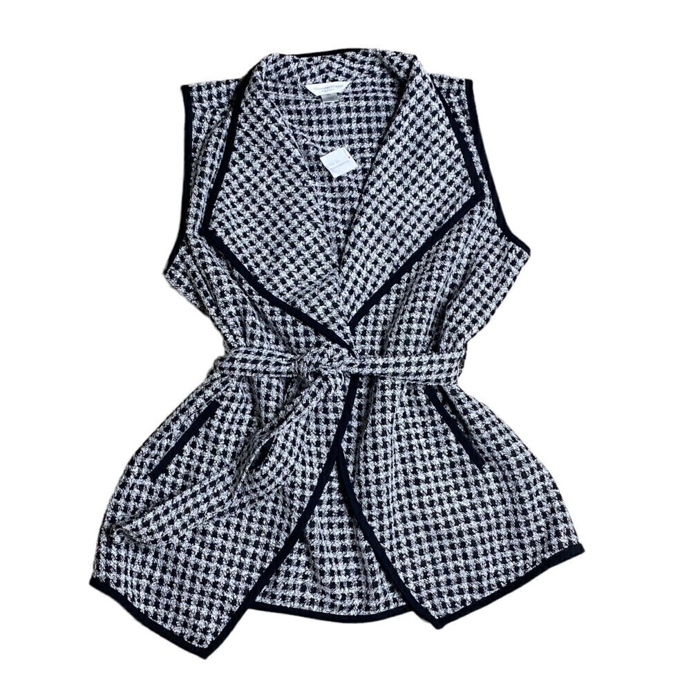 CJ Banks Belted Vest Pockets Houndstooth Sleeveless Petite Large Black White